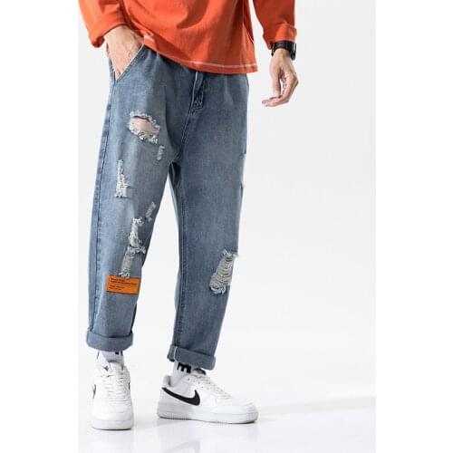 Summer New Men Ripped Jeans Fashion Casual Loose Denim Pants Hip Hop Hole Straight Big Size Male Jeans