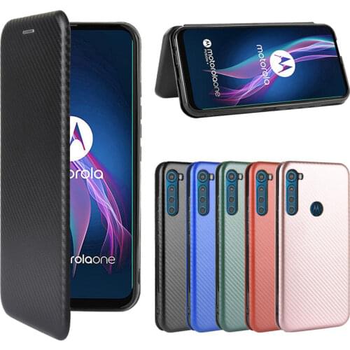Carbon Fiber Magnetic Case For Motorola One Fusion Plus Flip TPU Leather Wallet Plain Cover for Moto One Fusione Back Capa