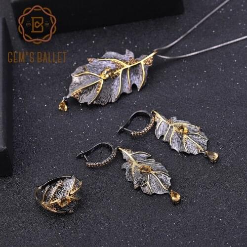GEMS BALLET 925 Sterling Silver Handmade Natural Citrine Leaves Ring Earrings Pendant Jewelry Set For Women Georgia O'keeffe