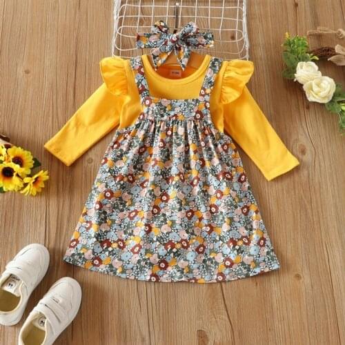 Baby Girl Clothes Baby Girl Outfit 3 Pcs Sets Solid Long Flying Sleeve Tops+print Suspender Dress+headband Baby Clothes 0-18M