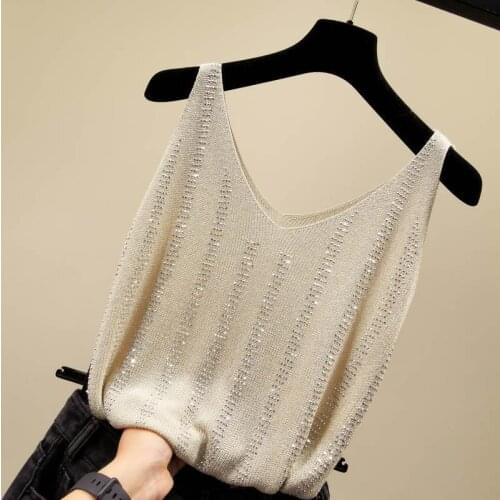 Summer Leisure Camisole Tanks Woman 2021 Heavy-duty Hot Drill Knit Sling Undershirt Bright Silk Knitwear Thin Tops Female Lady