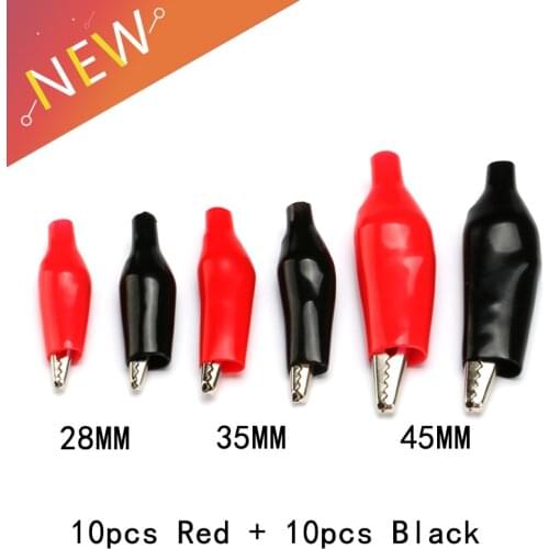 20pcs 28MM 35MM 45MM Metal Alligator Clip G98 Crocodile Electrical Clamp for Testing Probe Meter Black and Red with Plastic Boot