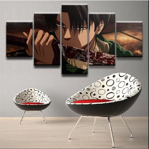 Home Decor Modular Pictures Canvas Print Painting 5 Panels Attack On Titan Blood Levi Ackerman Sword Posters Wall Art Boys Room