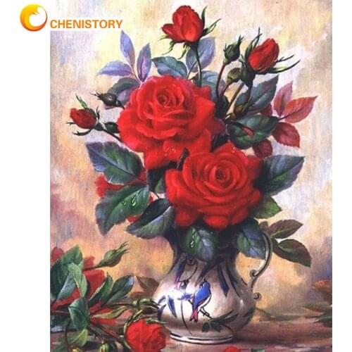 CHENISTORY Oil Picture By Numbers Kits Hand Painted Flower Digital Painting By Number Red Flower In Vase Photo Acrylic Paint Cra