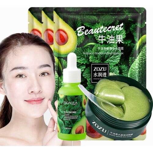 Avocado Essence Skin Care Set Moisturizing Face Serum & Anti-wrinkle Collagen Eye Patches & Anti-aging Facial Mask Makeup Suit