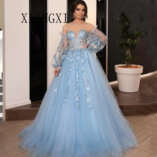 Sky Blue Evening Dress A-Line Off The Shoulder Full Sleeves Lace Appliques Long Evening Dresses Formal Party Gowns robe de soiree