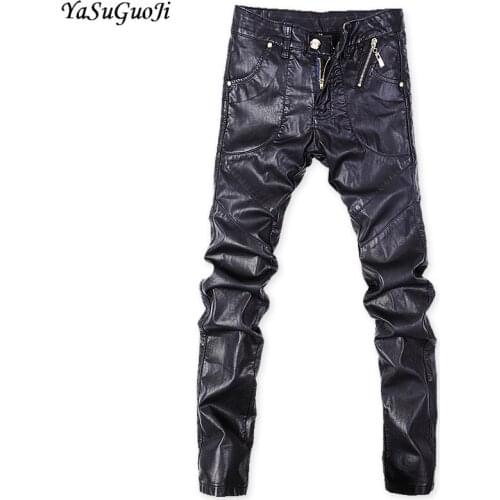New arrival 2018 punk style fashion zipper decoration slim fit pu leather jeans men mens streetwear skinny jeans men PK6-2