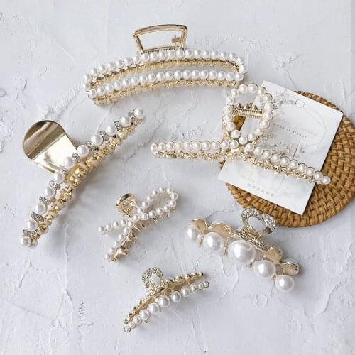 New ladies alloy material pearl rhinestone inlaid hairpin shark clip large metal gripping chuck hair styling tool