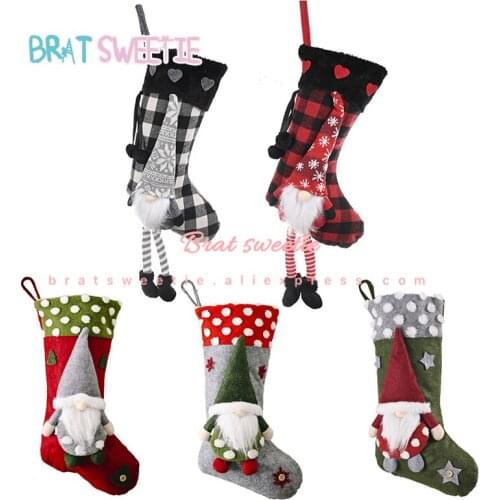 Christmas Elf Red Bufflo Plaid Candy Bag Christmas Stockings Hanging Gift Bag Xmas Tree Hanging Ornament Decoration