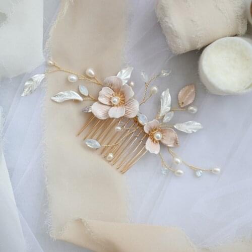 Hand Painted Floral Bridal Hair Comb Pins Pearls Women Hair Piece Handmade Wedding Accessories Headpiece