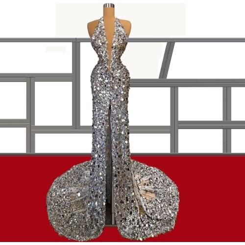 Silver Halter robe de soirée de mariage Shining High Front Slit Evening Dresses 2021 Sexy FOE31140