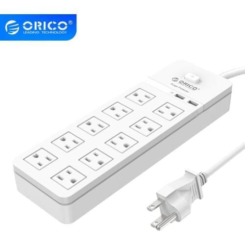ORICO SPT US Plug Surge Protection Power Socket with USB Power Strip 10 AC and 2 USB for Home and Office