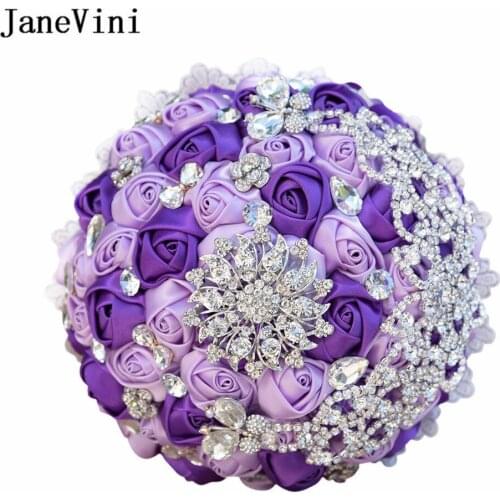 JaneVini Bling Crystal Beaded Bridal Bouquets Silver Jewelry Satin Rose Fiori Artificiali Lace Ribbon Wedding Bridesmaid Flowers