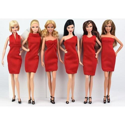 6pcs/lot Red Dresses For Barbie Doll Clothes Evening Party Wears Vestidoes Short Dresses For Barbie Doll 1/6 Doll Accessories