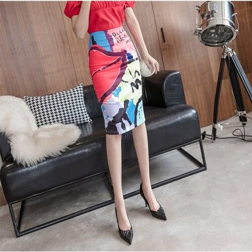 Women Pencil Skirt High Waist Flowers Midi Skirt Ladies Digital Print Contrasting Sexy Office Lady Pencil Skirt
