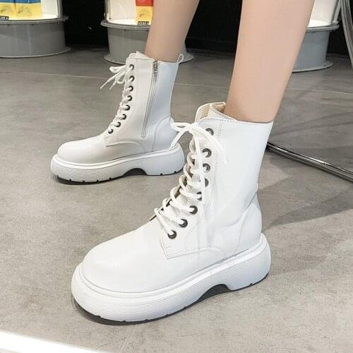 Rock Shoes Woman Lace Up Summer Boot Chelsea Round Toe Boots-Women White High Heel Ankle Autumn 2021 Rubber Ladies Lolita PU Sol