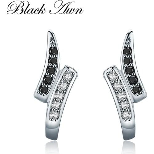 Cute 925 Sterling Silver Natural Black Spinel Engagment Stud Earrings for Women Fine Jewelry T197