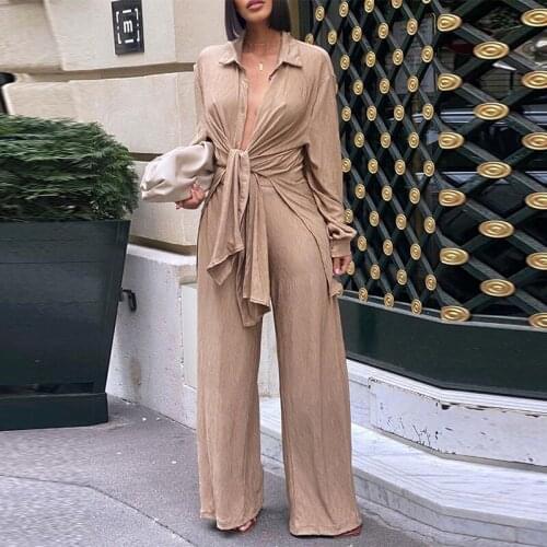 2021 Casual Wide Leg Pant Ladies Outfits Autumn Floral Printed Tie-up Long Sleeve Tops & Long Pants Suits Elegant Women 2Pc Sets