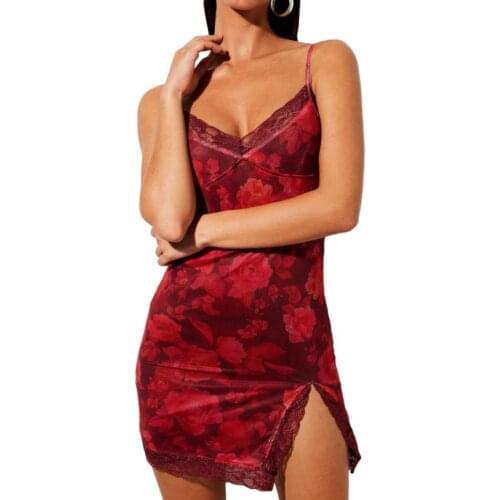 Womens Sexy Bodycon Mini Dress Retro Floral Print Sleeveless Spaghetti Strap V Neck Lace Trim Cami Dress