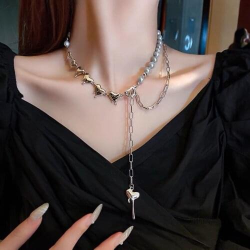 Fashion High Cold Style Girl Pearl Love Personality Necklace Women Geometric Simple Temperament Neckwear Clavicle Chain Student