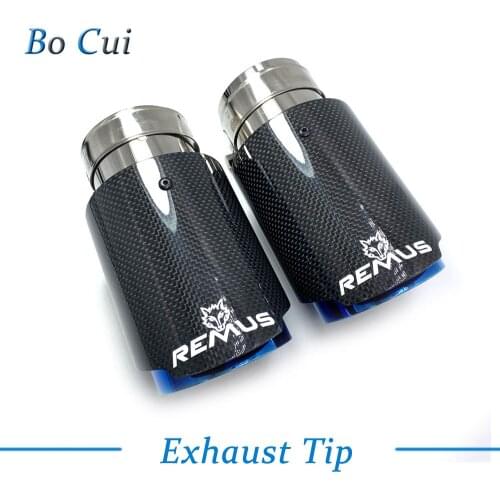 1PCS Car Exhaust Tail Pipe Glossy Carbon Tail End Blue Stainless Steel Straight Muffler Tip Flange With Remus Logo For Bmw F30