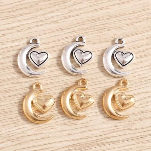 20pcs 14*17mm 2 Colors Alloy Moon Love Heart Charms Pendants for Jewelry DIY Making Necklaces Earrings Bracelets Handmade Craft