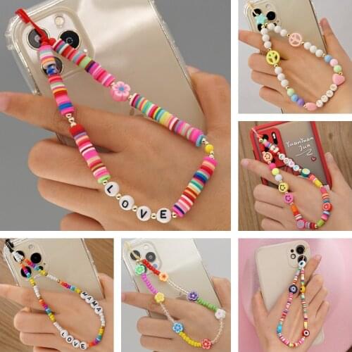 2021 Trendy Mobile Phone Strap Lanyard, Beaded Charm Chain Colorful Smile Pearl Rope Cell Phone Case Hanging Cord for Women