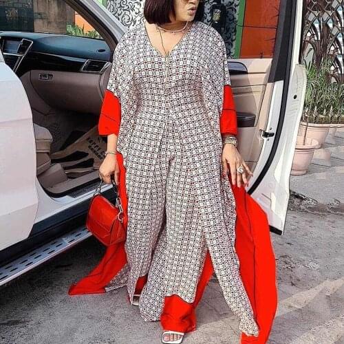 African Ladies 2 Pieces Sets Long Blouse & Wide Leg Pants Geometric Print High Waist Fashion Elegant Evening Party Matching Sets