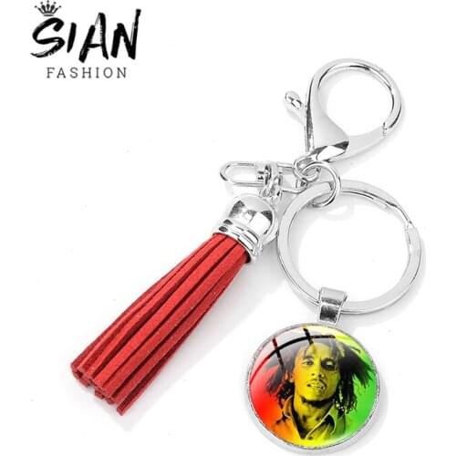 SIAN Trendy Bob Marley Leather Tassel Keyring Music Singer Art Photo Glass Time Gem Silver Plated Key Chains for Fans Collection
