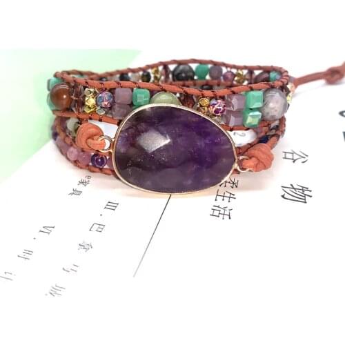New Amethyst Stone Powder Tourmaline DIY Braided Bracelet Bohemian Creative Multi-layer Bracelet Womens Bracelet Gift