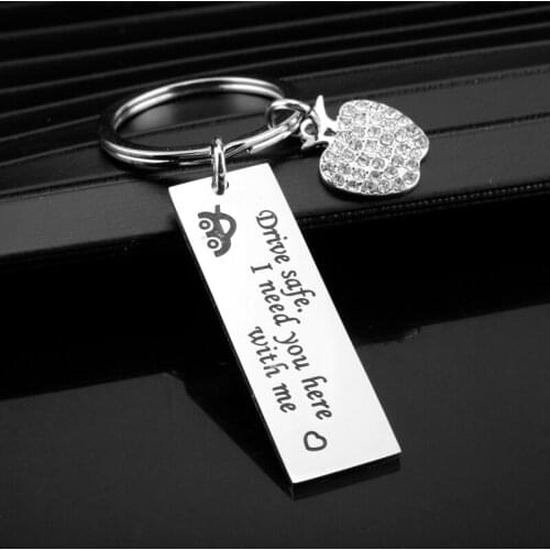 Drive Safe I Need You Here With Me Engraved Keychain Trendy Apple Crystal Couple Keyring Key Chain Husband Boyfriend Gift