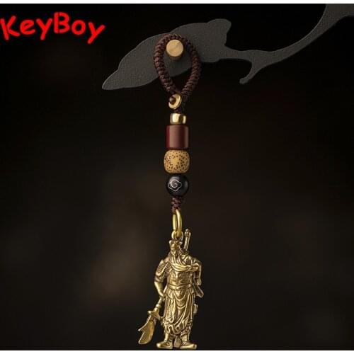 Pure Brass Guan Gong Buddha Figures Car Keychain Pendant Antique Handmade Woven Rope Fashion Men Keyring Lanyard Hanging Jewelry