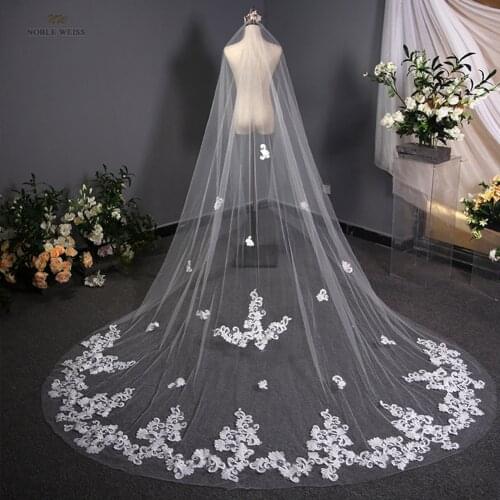 Long Lace Appliques Wedding Veil White Ivory Cathedral Bridal Veil Bride Veil Wedding Accessories 4m Length and 3m Width