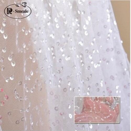 Free Shipping Imports Off White Sequins Embroidered Mesh Lace Fabric, Lace Wedding Dress Fashion Wedding Decoration Fabric RS41