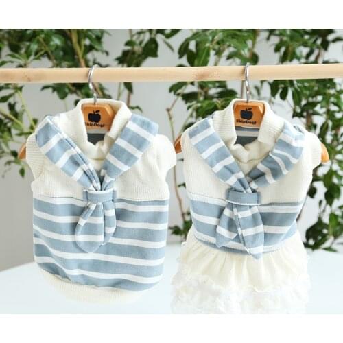 Summer Dog Cat Dress Scarf Striped Couple Suit Sweet Japanese Style Cat one-piece Dress Dog Cat Clothes