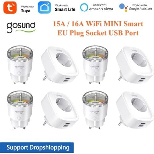 1-5pcs Gosund 15A 16A WiFi MINI Smart EU Plug Socket 2 USB Port for Tuya Smart Life Work with Alexa Google Home No Hub Required