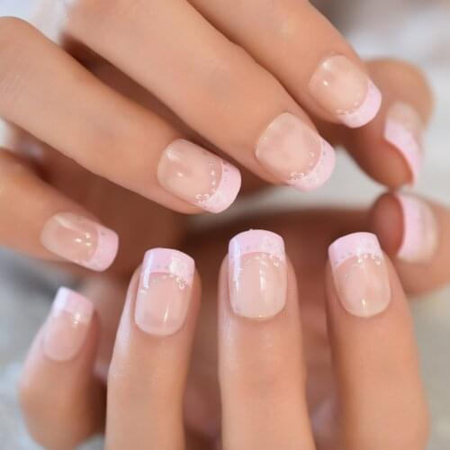 Nude Pink French Fake Nails Flower Pattern Glitter Press on Full Cover Wearable Medium Acrylic False Nail Tip Manicure for Girl