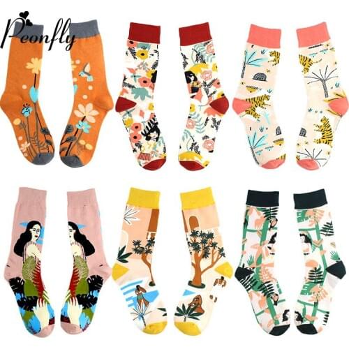PEONFLY Casual Women Happy Socks High Quality Combed Cotton Socks Harajuku Cartoon Design Funny Crew Calcetines Mujer