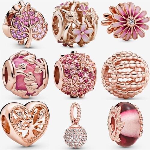 2020 New 925 Sterling Silver Rose Gold Pink Daisy Flower Charm Fit pandora Bracelet Family Charm Murano Glass Bead DIY Jewelry