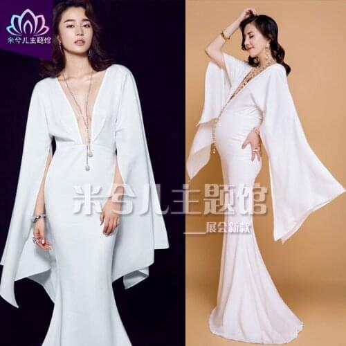 New Mermaid V neck Bat sleeve Maternity Pregnant Maternity Women Photography Props Women Long Pure white Dress Fancy costume