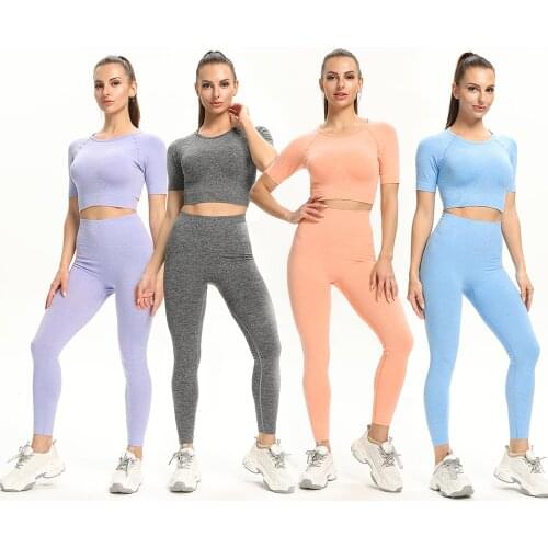Plain Crop Top Seamless Leggings Sport Women Fitness 2 Piece Sets Short Sleeves Ribbed Yoga Pants Dance Stretch High Waist Lilac