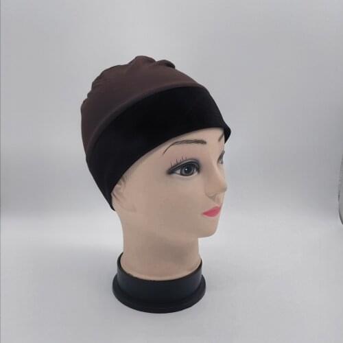 Brown color wig grip cap with velvet headband around for cancel patients comfortable and elastic caps