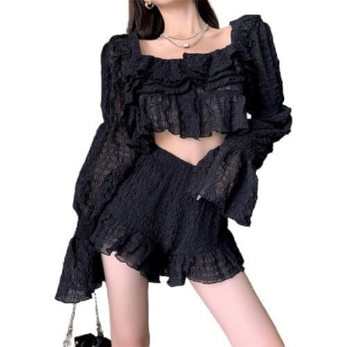 PERHAPS U Women Two Piece Set Chiffon Square Collar Ruffles Elastic Petal Sleeve Shirt Blouse Flare Pants Bud Shorts Set T3064