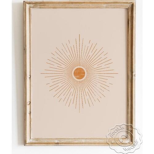 Orange Sunburst Art Prints Poster, Texture Sun Rays Wall Picture, Sunset Minimalism Canvas Painting, Boho Style Room Home Decor