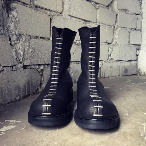 Luxury Rivets Cow Leather Boots Men Street Black Vintage Moto Biker High-Top Shoes Top Quality Punk Platform Mid-Calf Boots