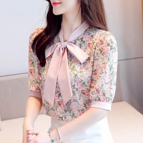 Floral Bow Puffed Half Sleeve Blouses Shirts 2021 Summer New Loose Chiffon Green Pink Blouses Womens Clothing Top