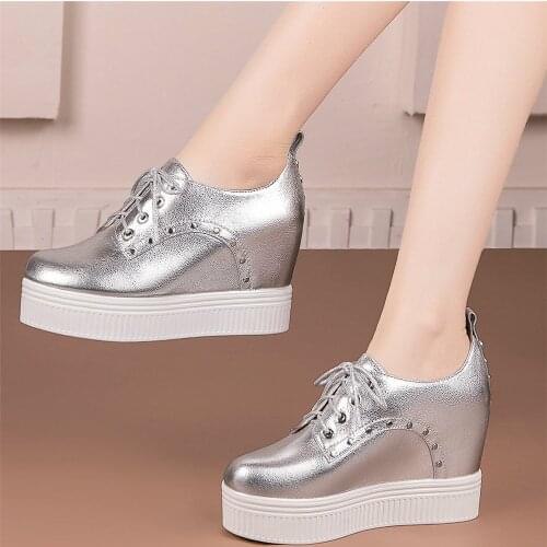 Rivets Oxfords Shoes Women Lace Up Genuine Leather Wedges High Heel Ankle Boots Female Round Toe Fashion Sneakers Casual Shoes