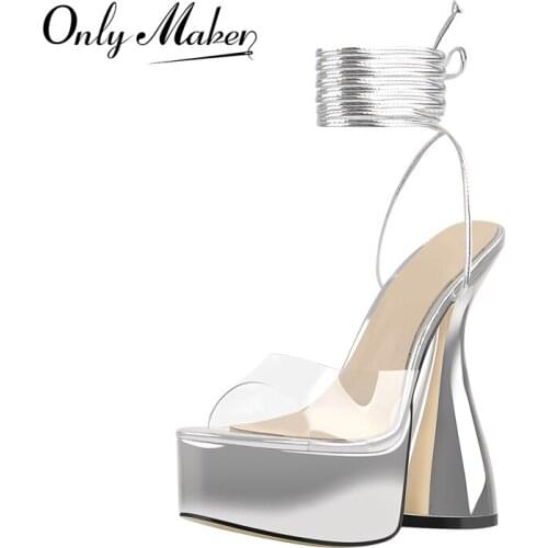 Onlymaker Summer Lace Up Sandals Platform Open Toe Spike High Heels Patent Leather Silver Ankle Strap PVC Big Size Fashion