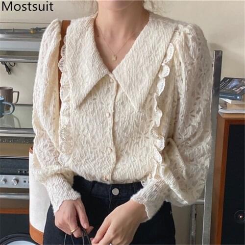 Korean Elegant Lace Women Blouses Tops Full Sleeve Turn-down Collar Ruffles Shirts Vintage Fashion Ladies Blusas Mujer 2021