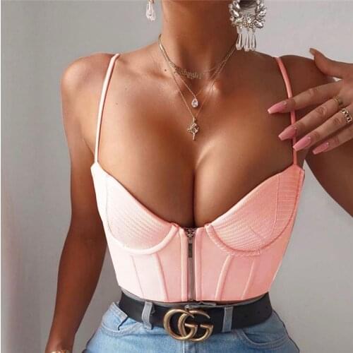 Sexy Corset with Removable Chest Pads Zip Front Spaghetti Strap Top Sleeveless Backless Cami Women Tank Top Streetwear Clothes